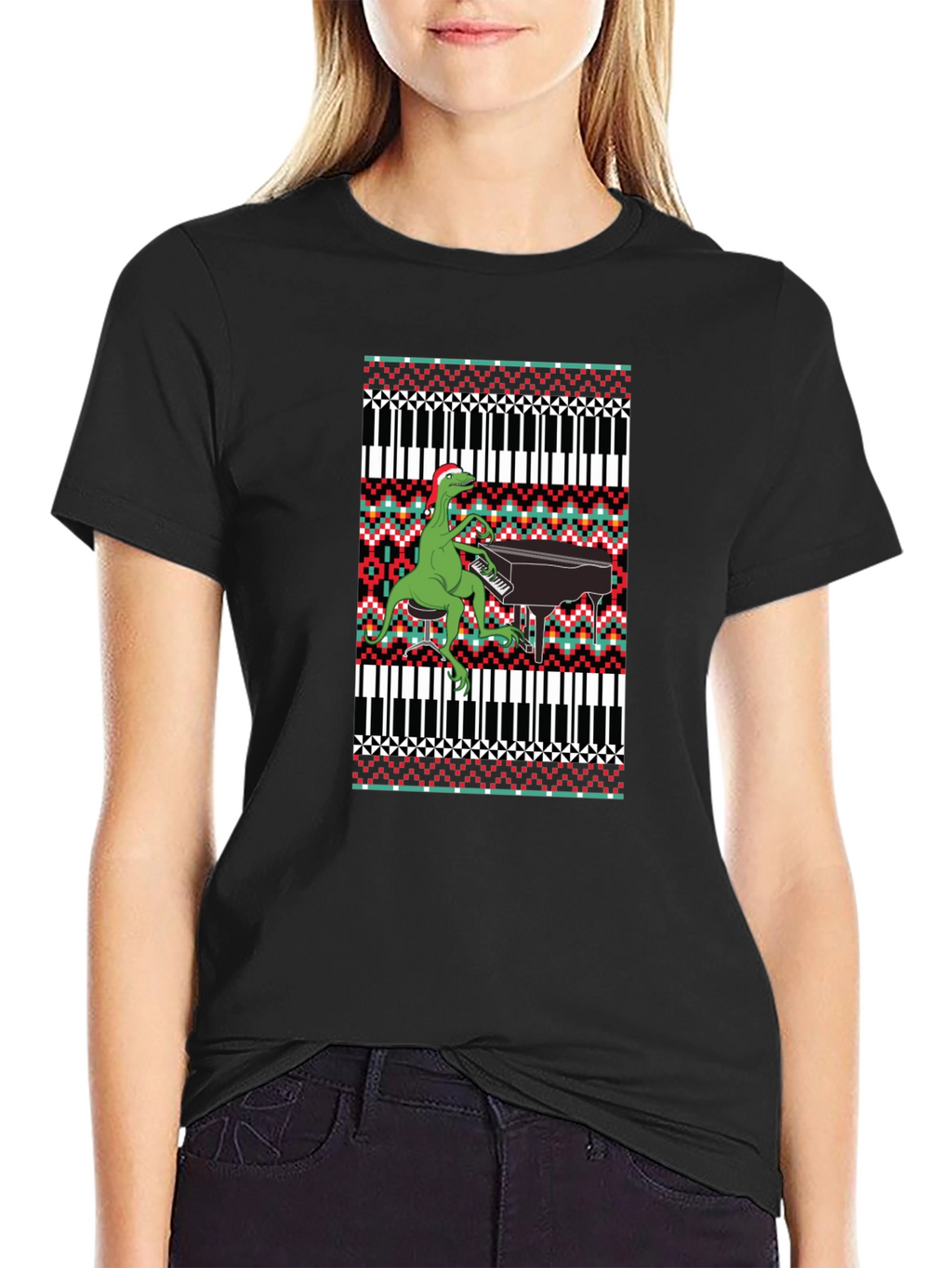 Dinosaur Piano Ugly Christmas Sweater T-Shirt