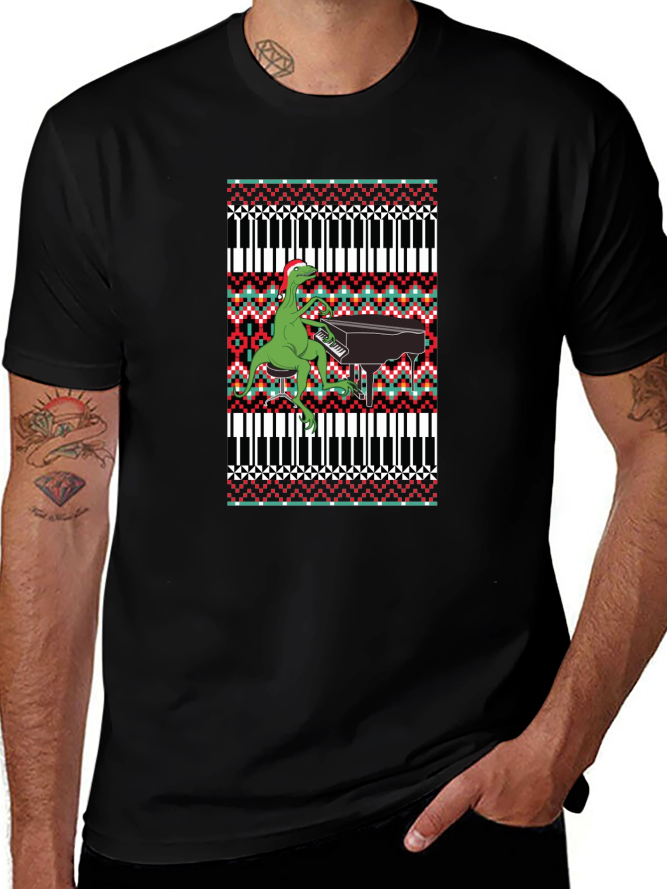 Dinosaur Piano Ugly Christmas Sweater T-Shirt