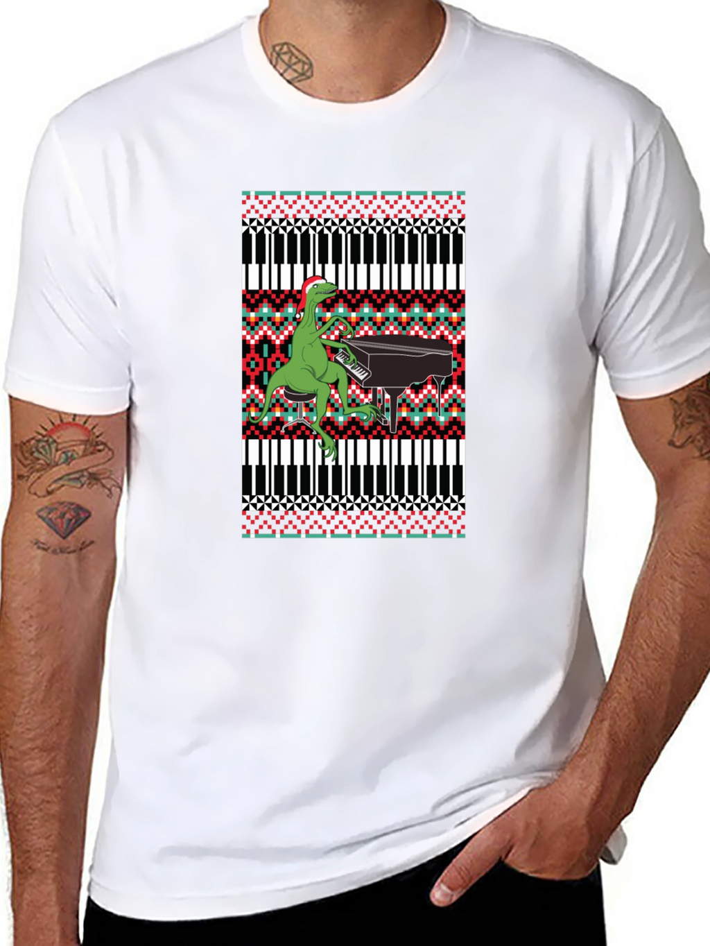 Dinosaur Piano Ugly Christmas Sweater T-Shirt