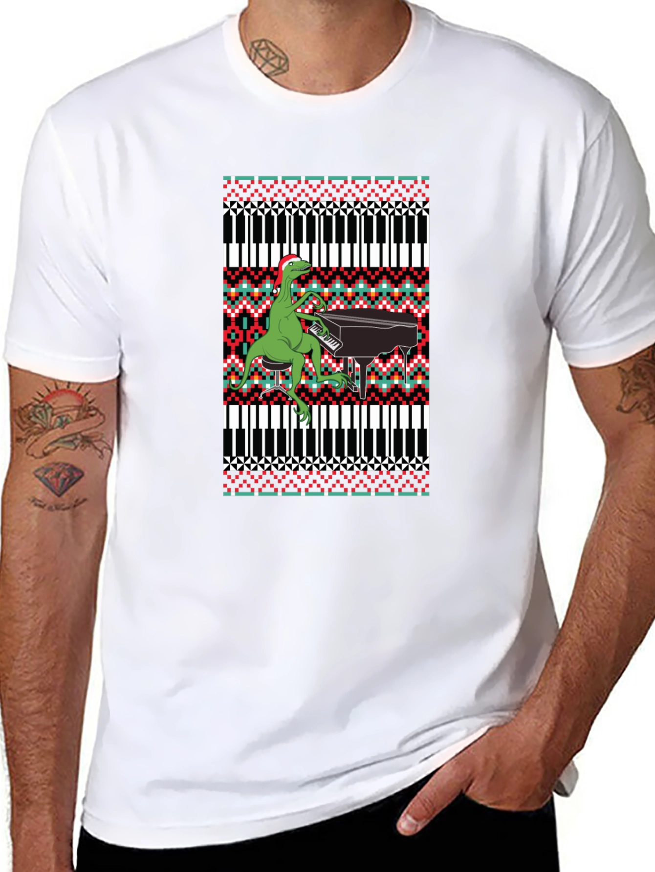 Dinosaur Piano Ugly Christmas Sweater T-Shirt