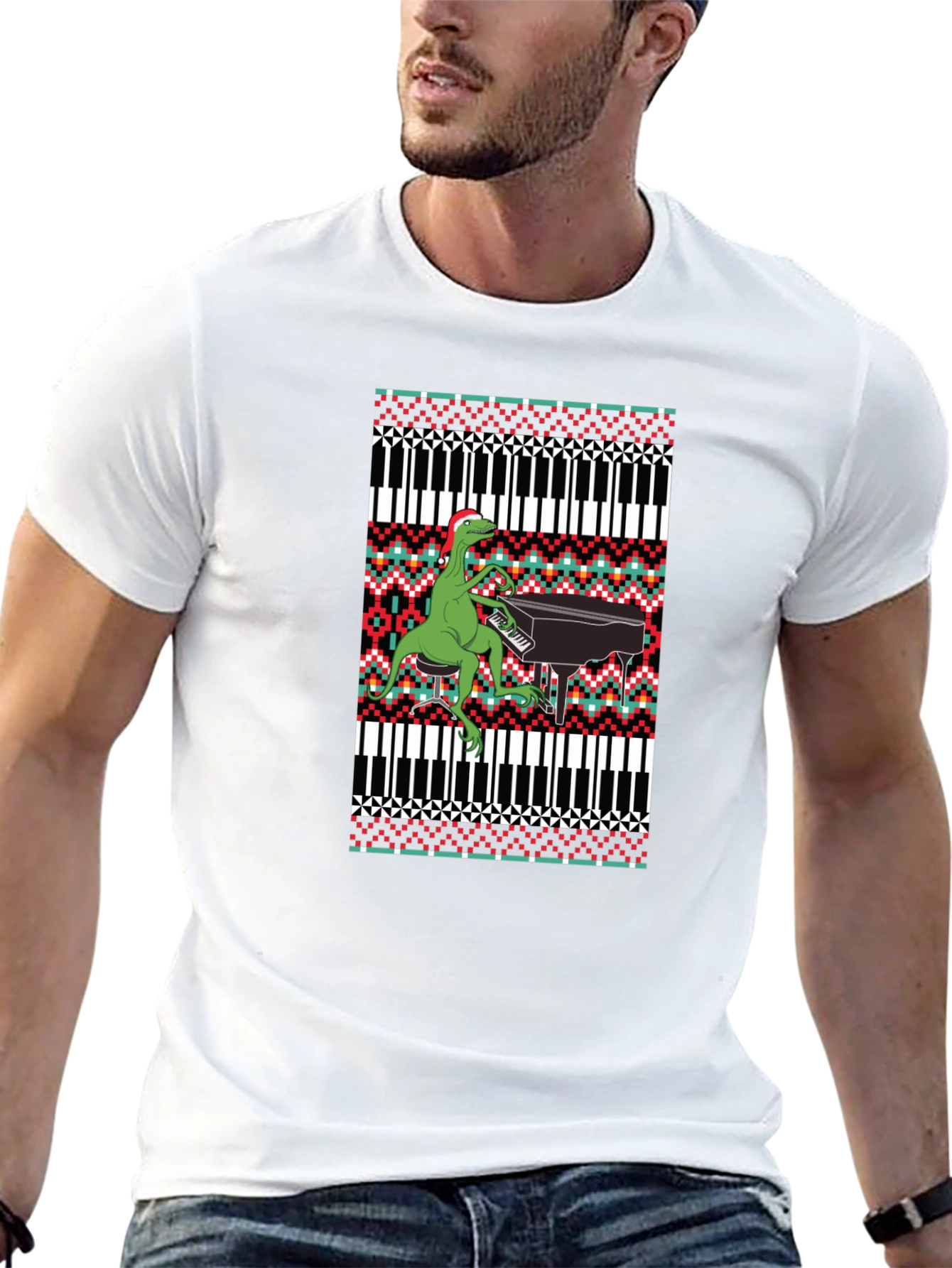 Dinosaur Piano Ugly Christmas Sweater T-Shirt