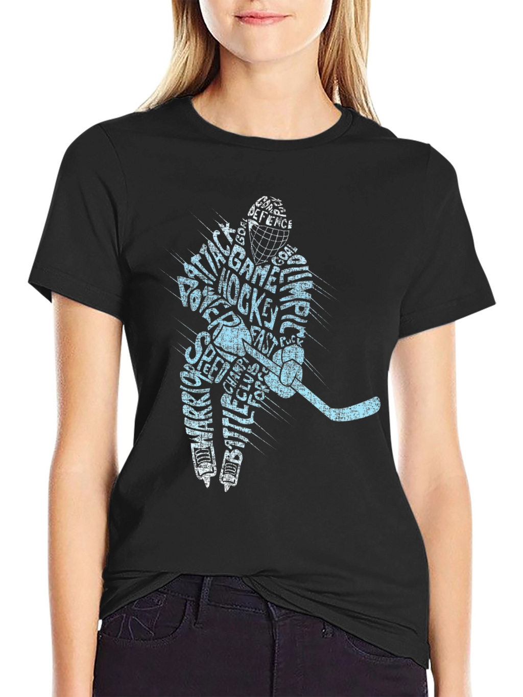 Hockey Player Word Art T-Shirt - Black
