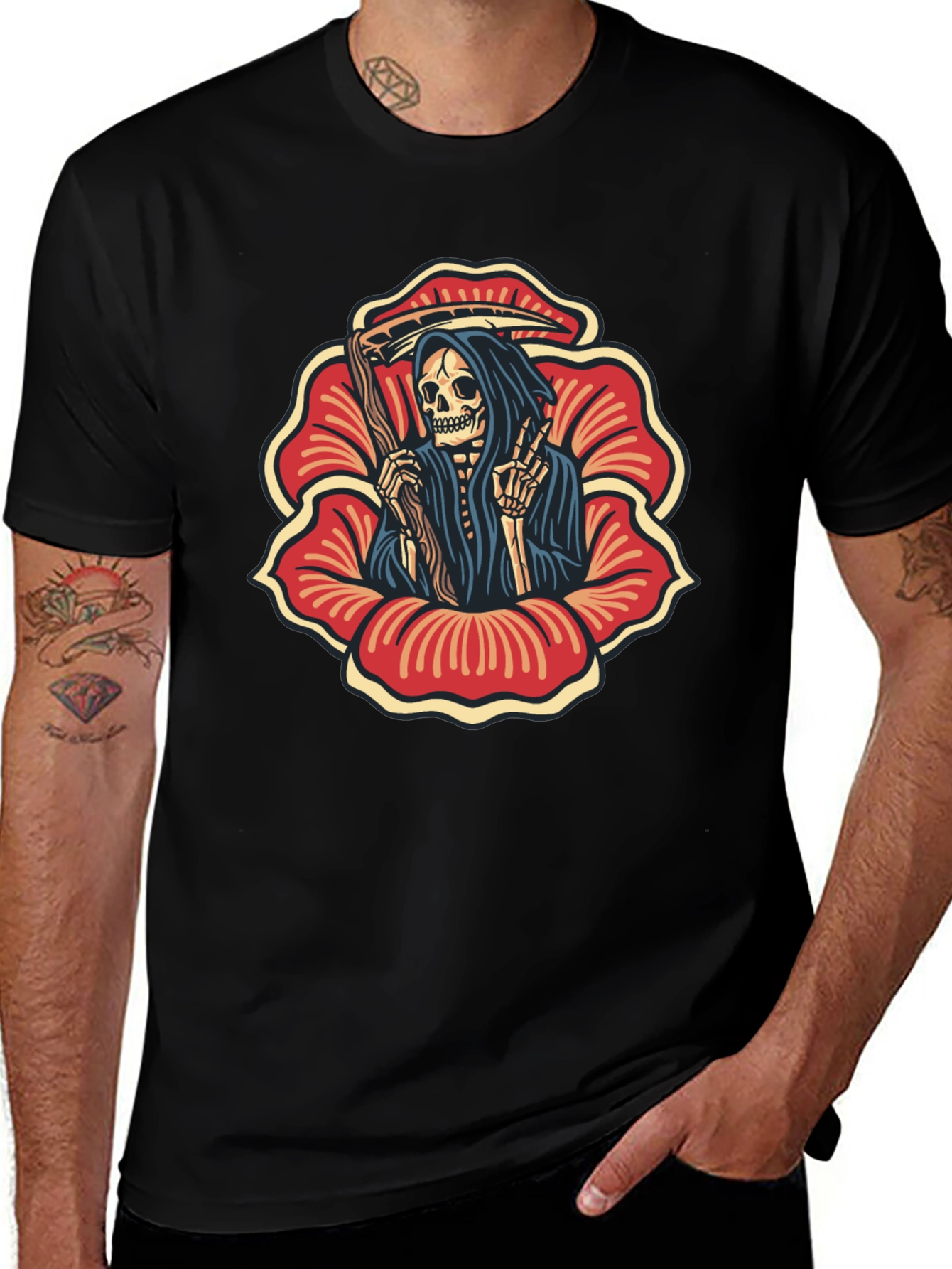 Grim Reaper Flower Black T-Shirt