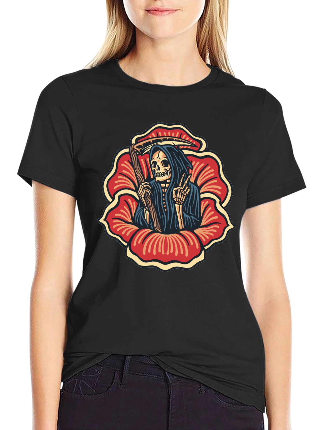 Grim Reaper Flower Black T-Shirt