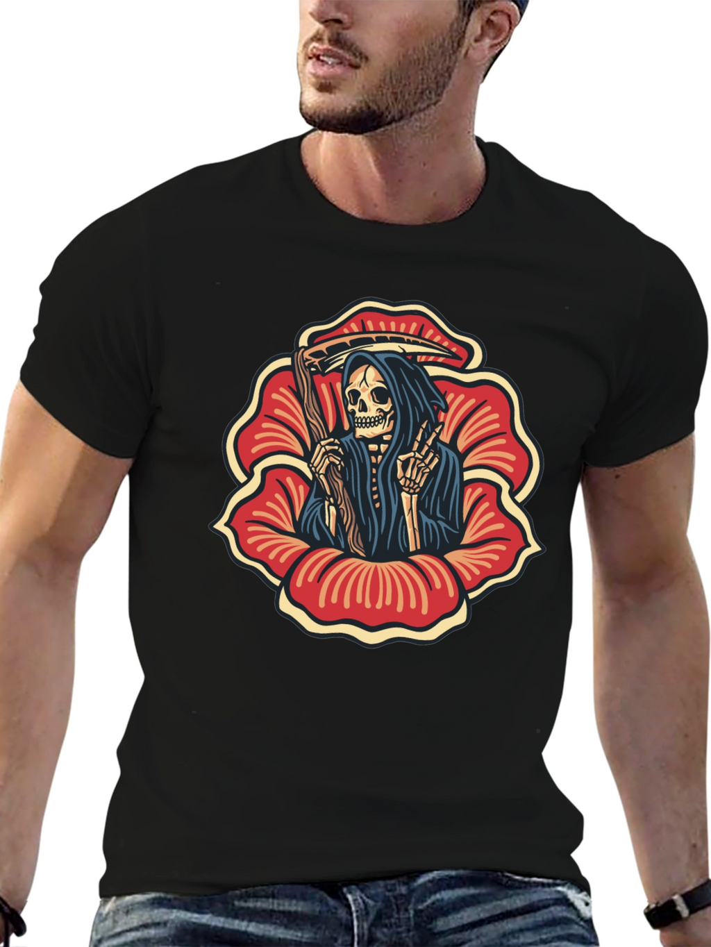 Grim Reaper Flower Black T-Shirt