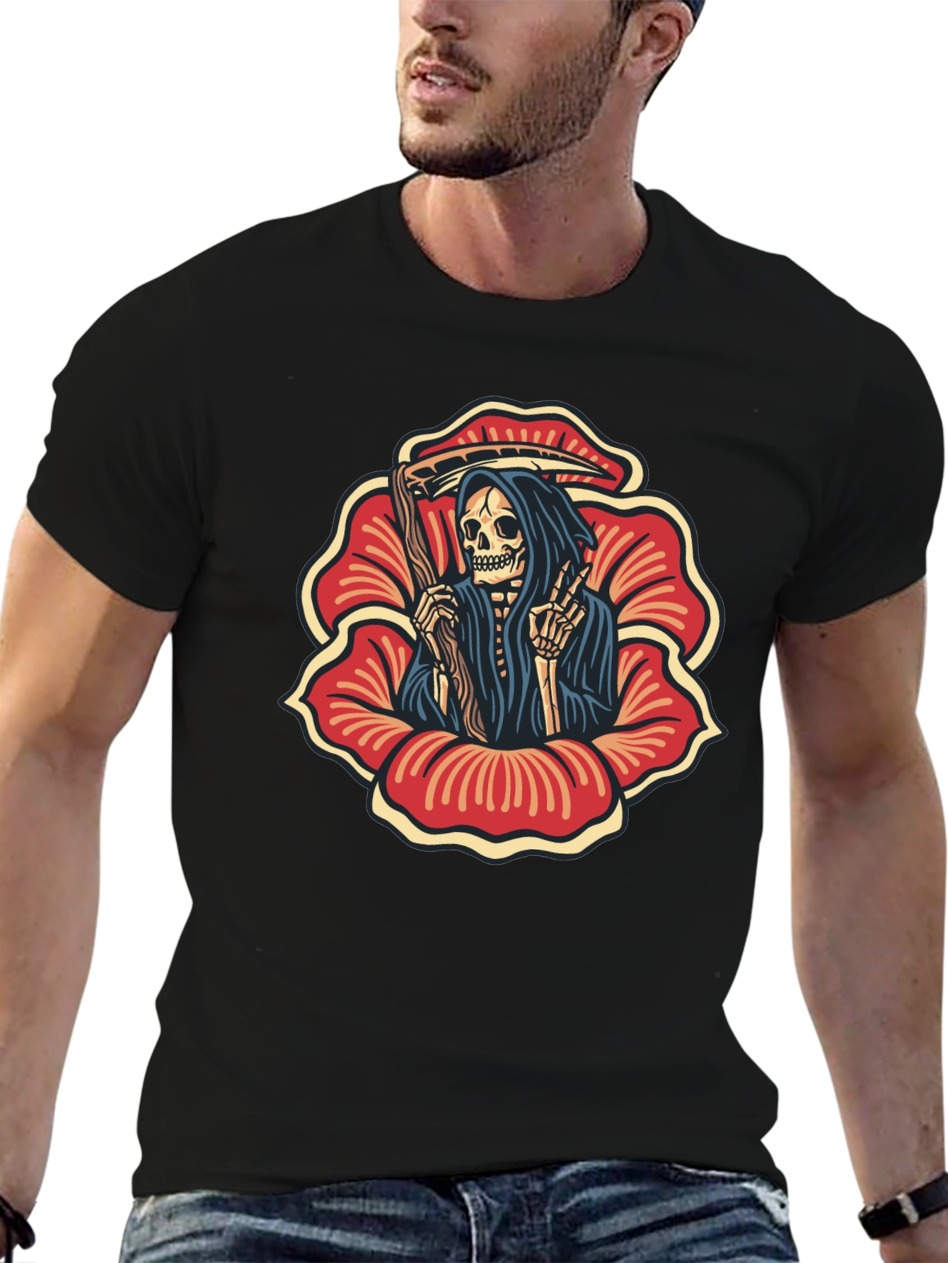 Grim Reaper Flower Black T-Shirt