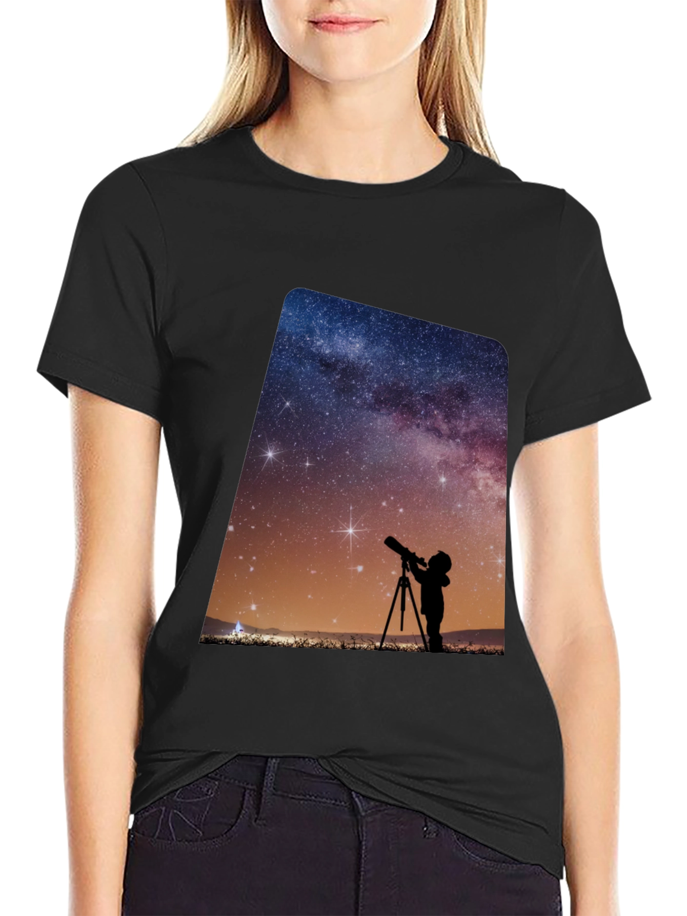 Night Sky Observer Graphic Tee - Black Cotton Comfort