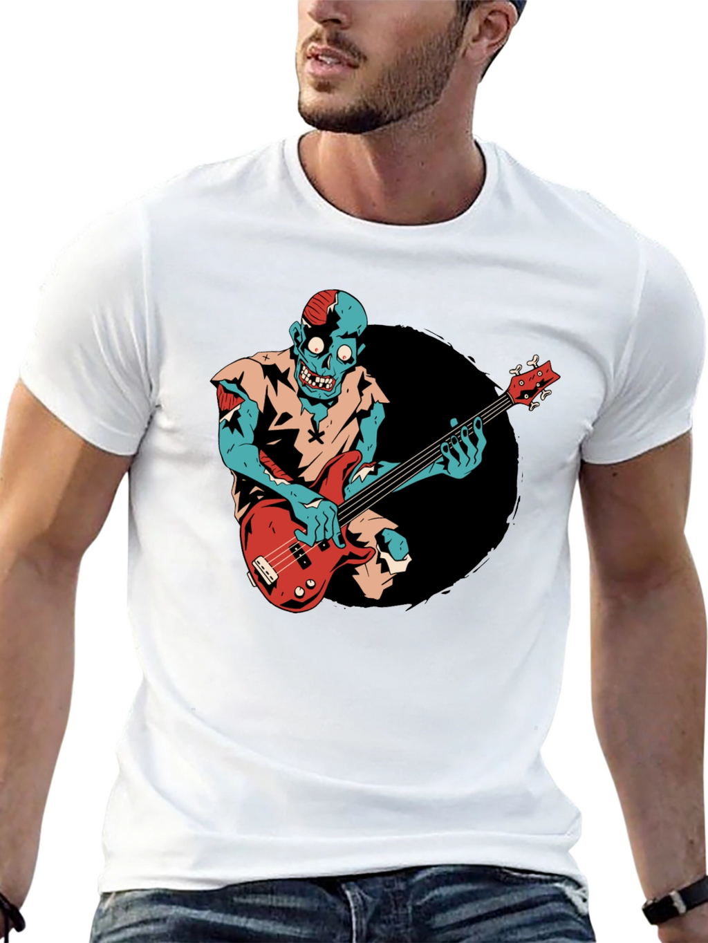 Zombie Bass Player Graphic Tee - Black Cotton T-Shirt