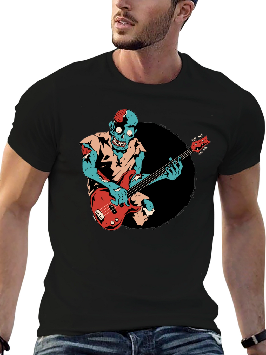Zombie Bass Player Graphic Tee - Black Cotton T-Shirt