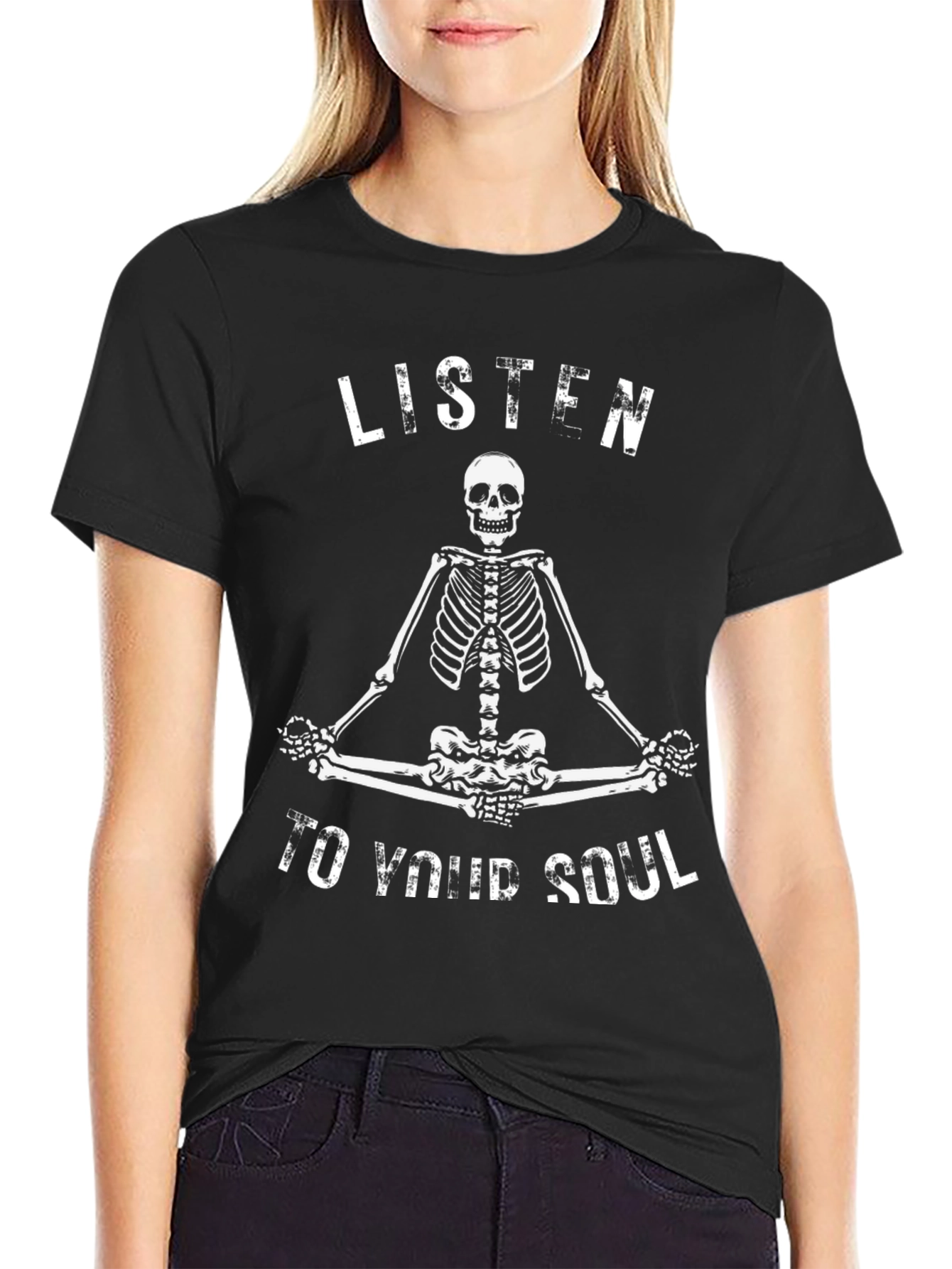 Skeleton Meditation Graphic Tee - Listen To Your Soul Black T-Shirt
