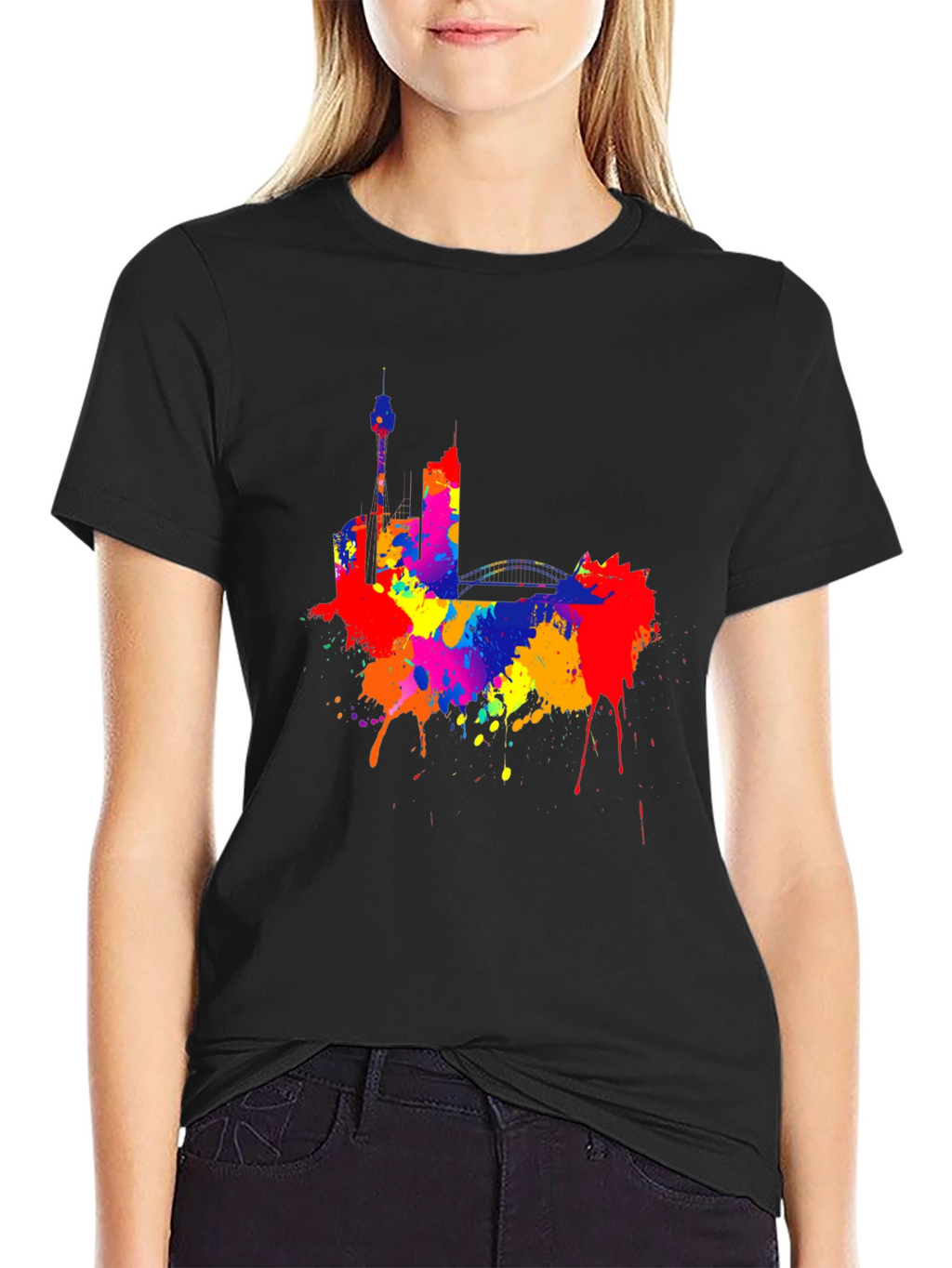 Colorful Cityscape Black T-Shirt