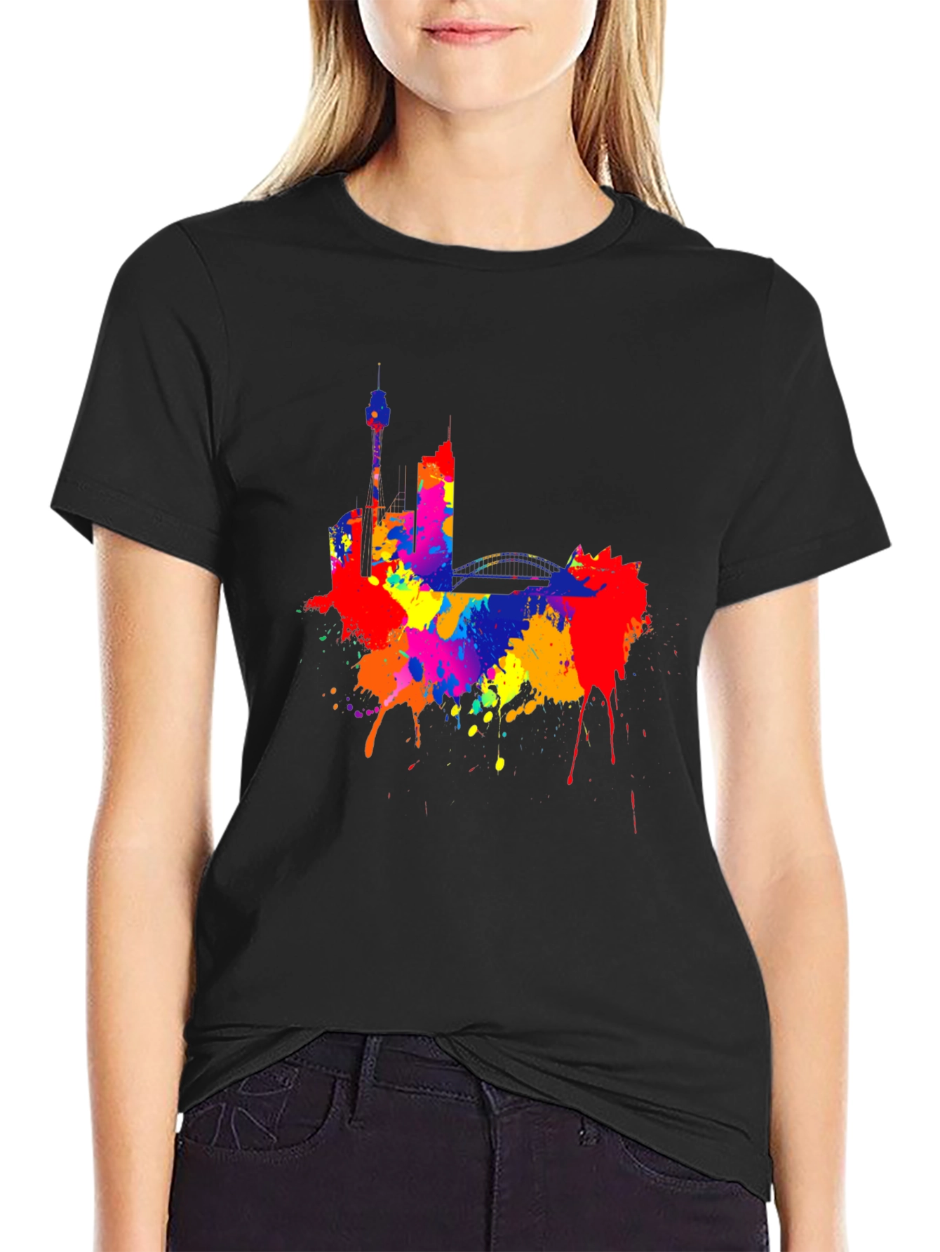 Colorful Cityscape Black T-Shirt