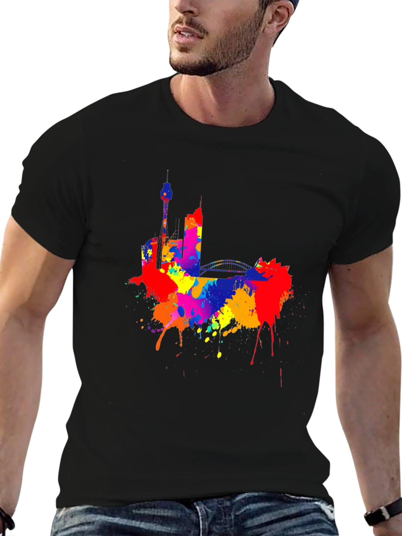 Colorful Cityscape Black T-Shirt