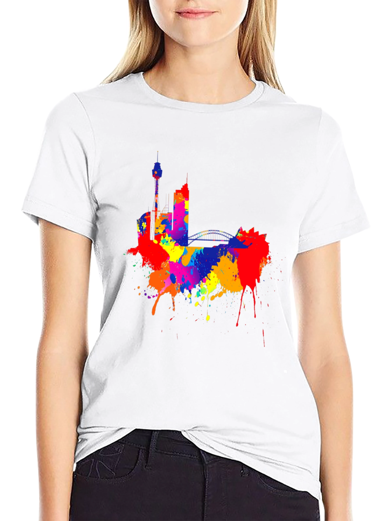 Colorful Cityscape Black T-Shirt