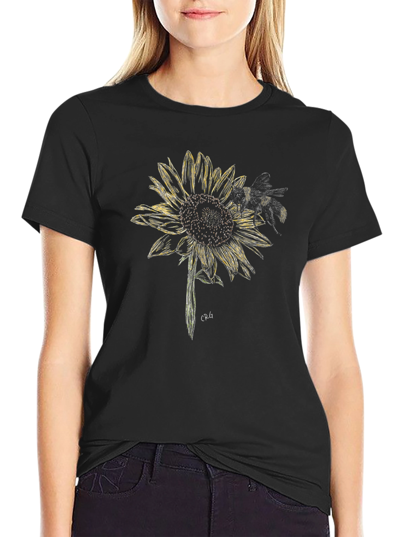 Sunflower and Bee Graphic Tee - Black Cotton Blend