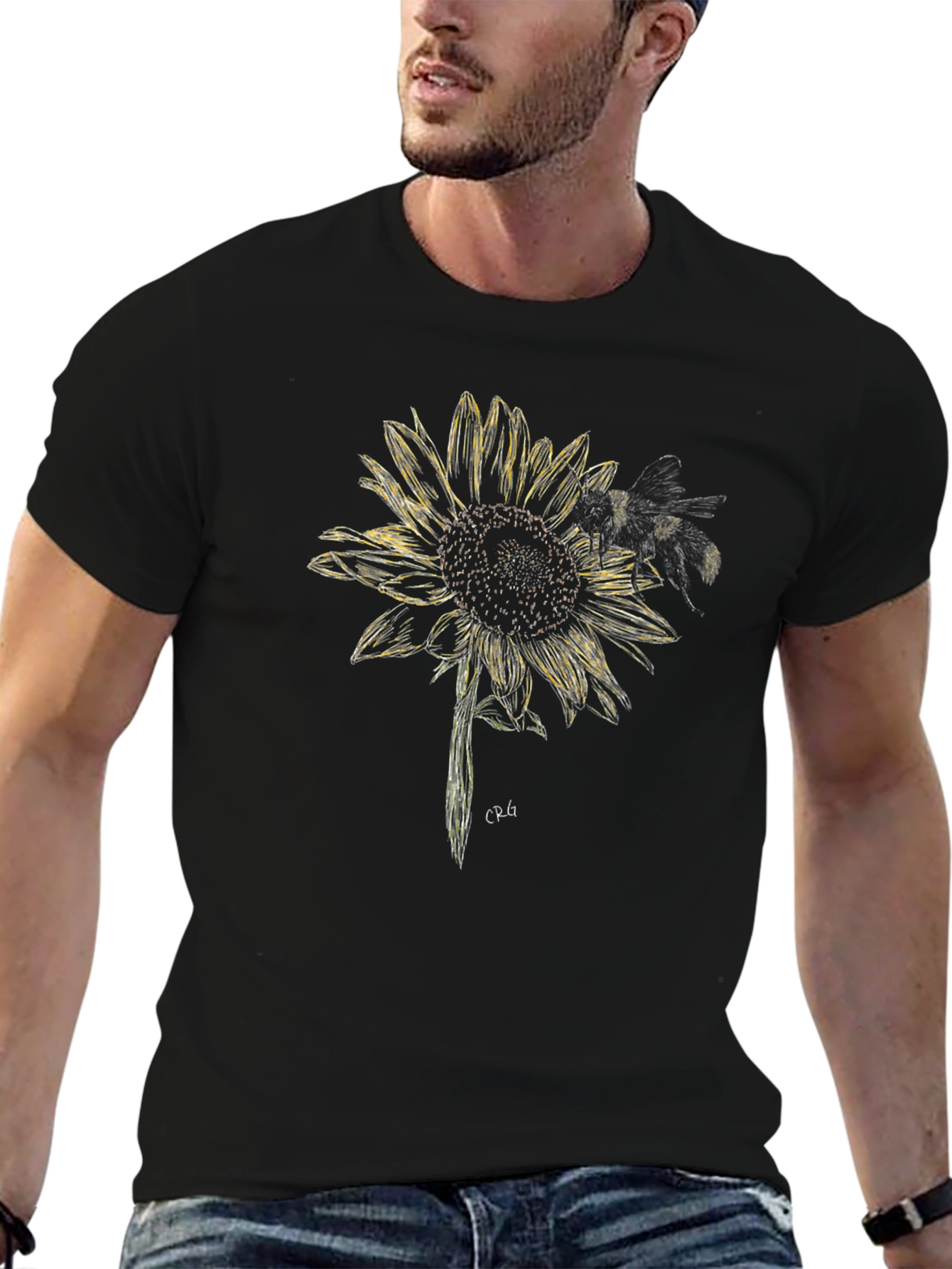 Sunflower and Bee Graphic Tee - Black Cotton Blend