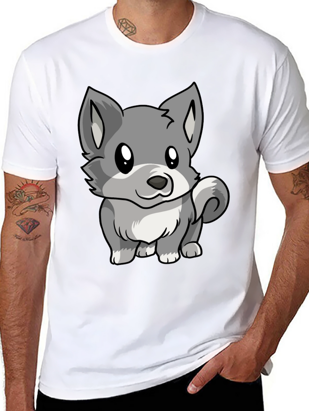Cute Cartoon Wolf Graphic Black T-Shirt