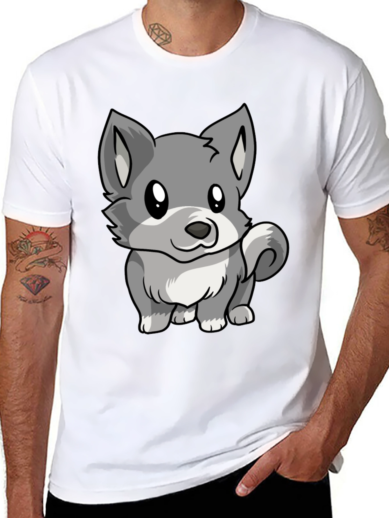 Cute Cartoon Wolf Graphic Black T-Shirt