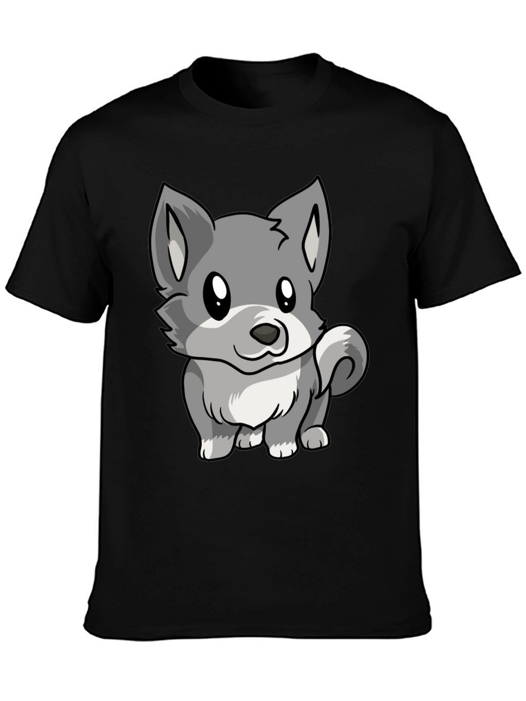 Cute Cartoon Wolf Graphic Black T-Shirt