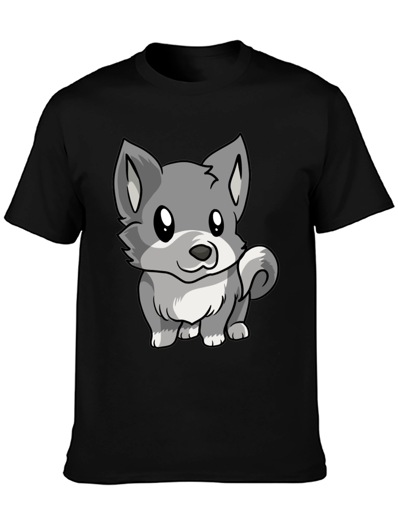 Cute Cartoon Wolf Graphic Black T-Shirt