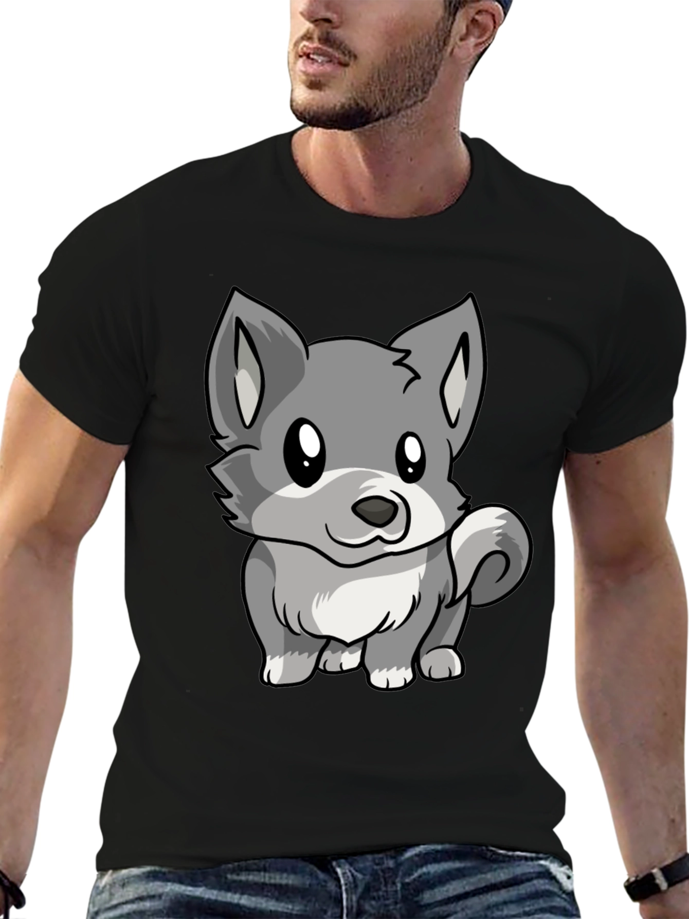 Cute Cartoon Wolf Graphic Black T-Shirt