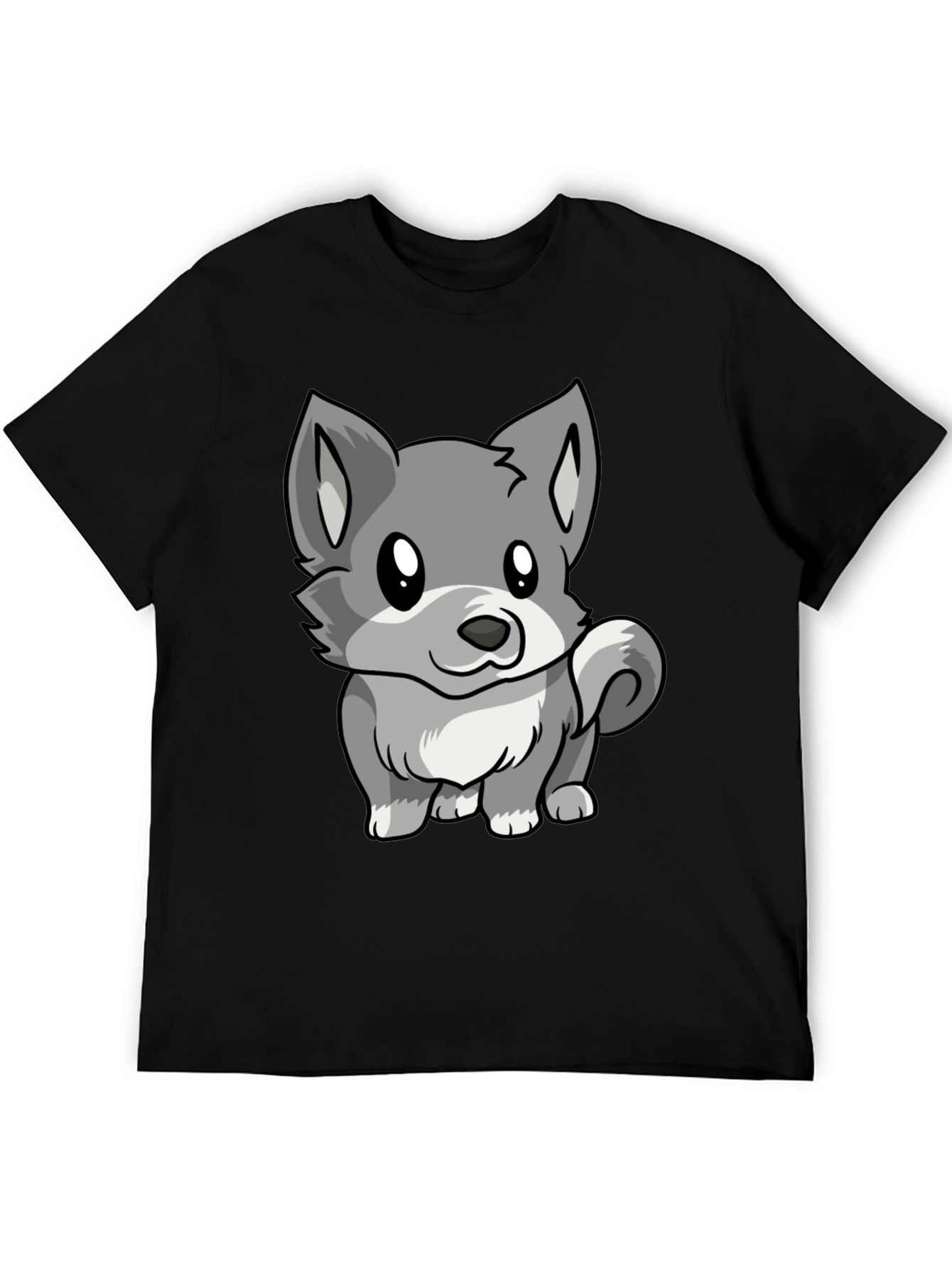 Cute Cartoon Wolf Graphic Black T-Shirt