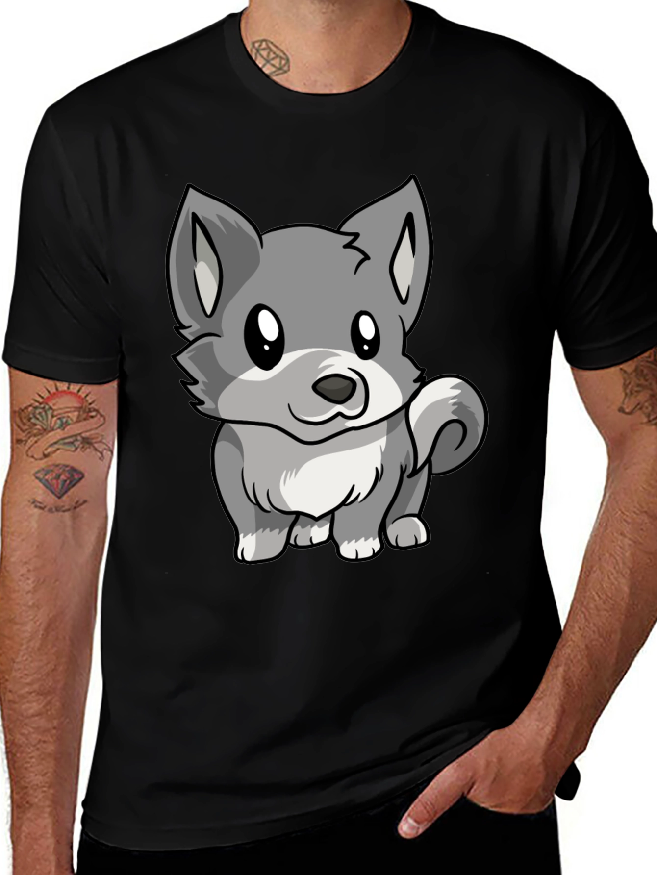 Cute Cartoon Wolf Graphic Black T-Shirt