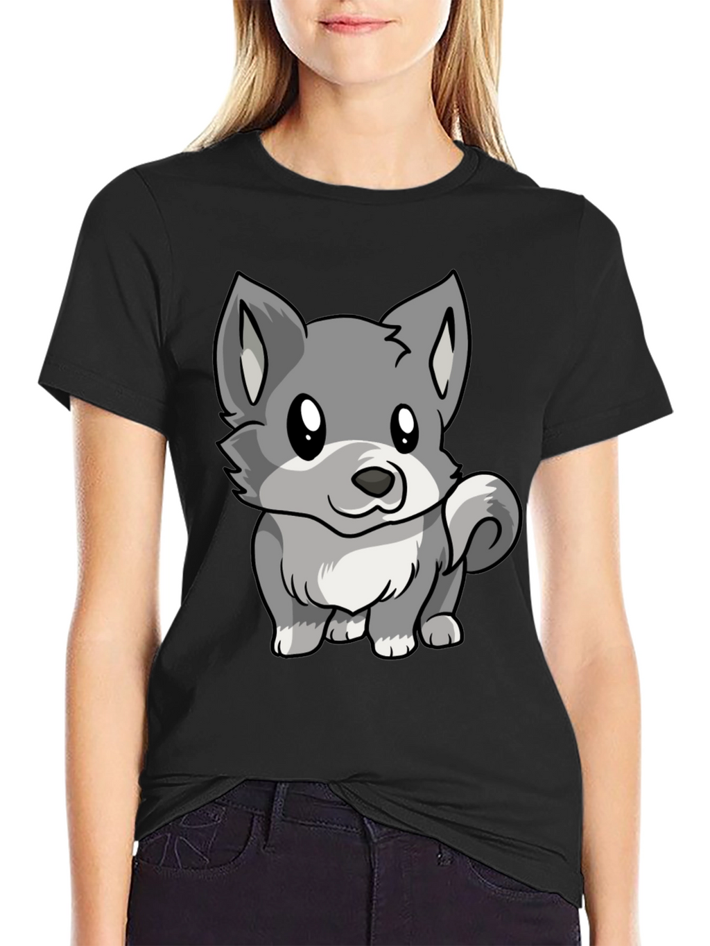 Cute Cartoon Wolf Graphic Black T-Shirt