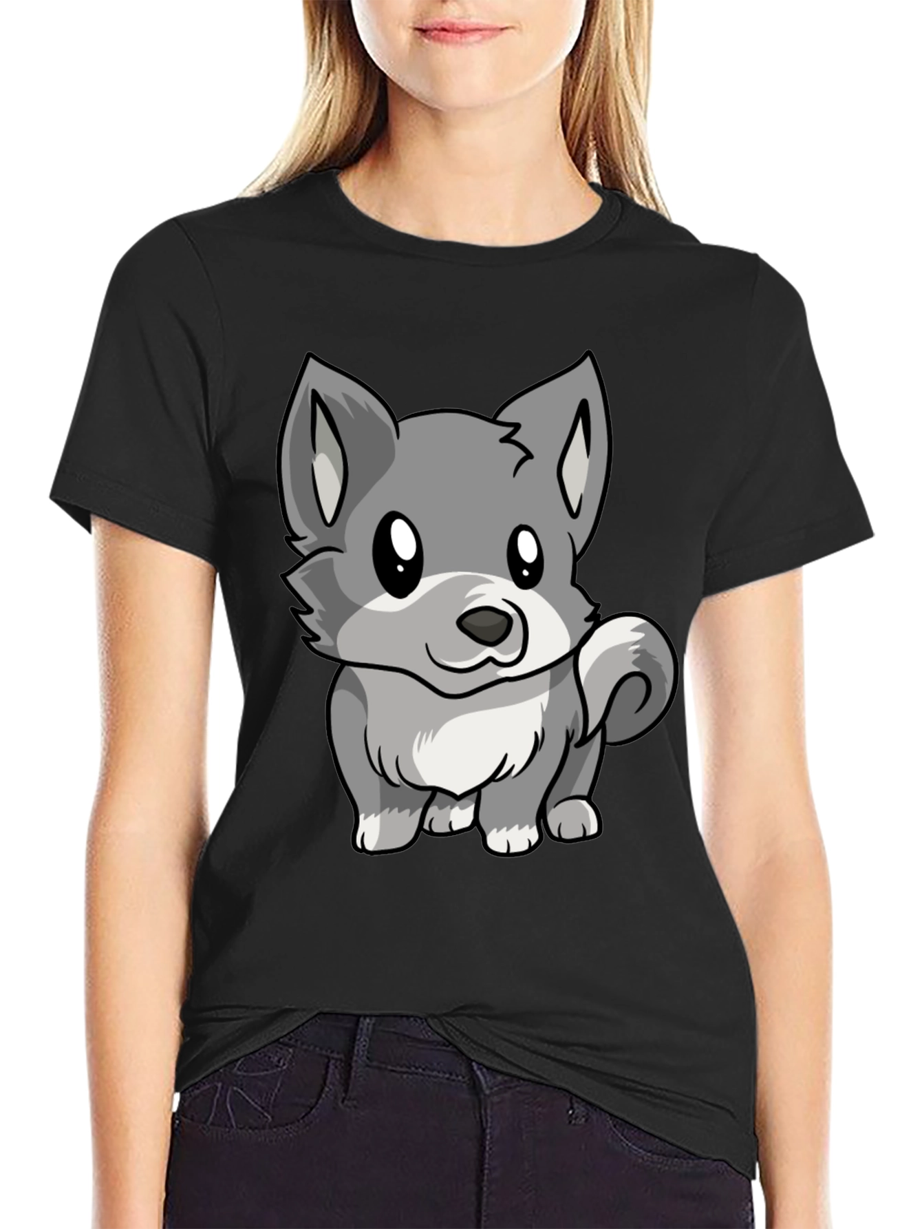 Cute Cartoon Wolf Graphic Black T-Shirt