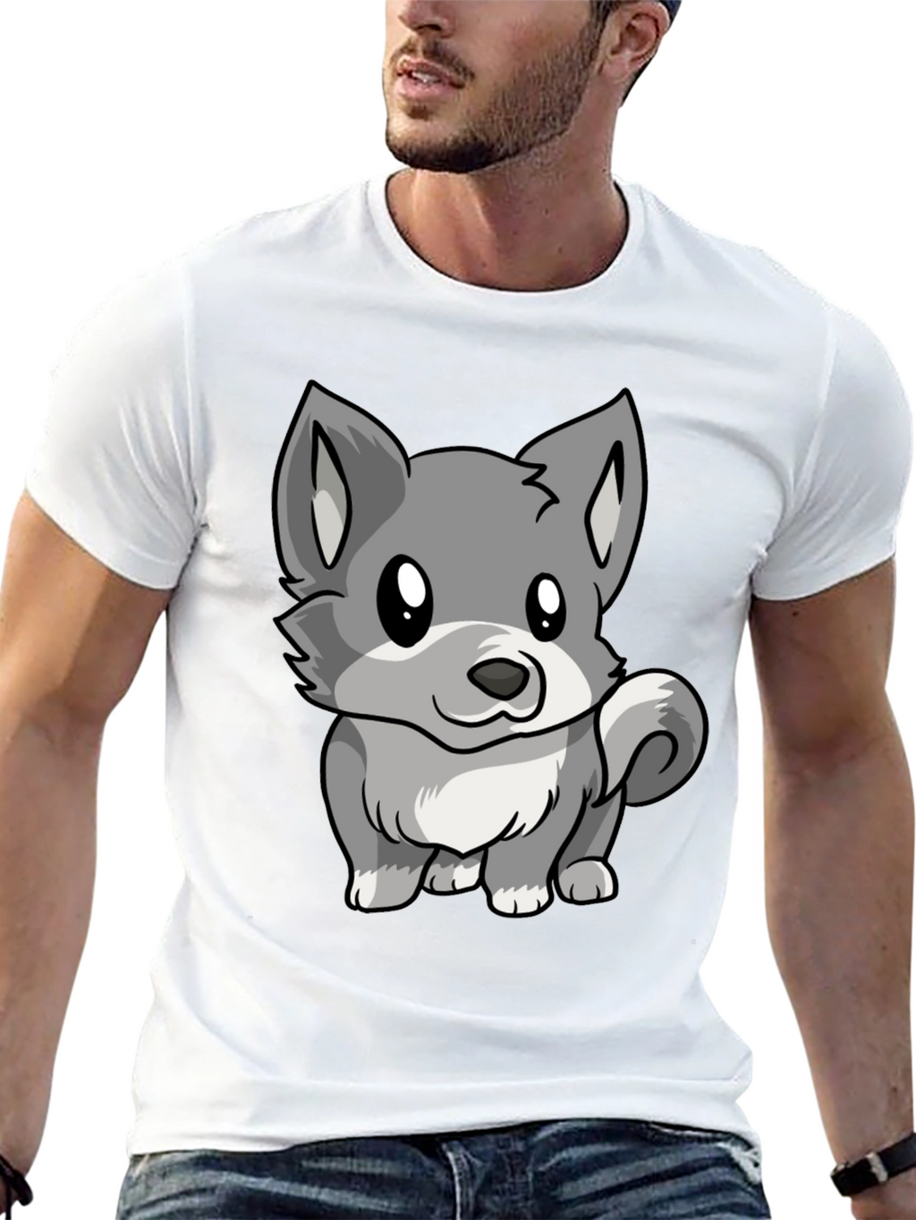 Cute Cartoon Wolf Graphic Black T-Shirt