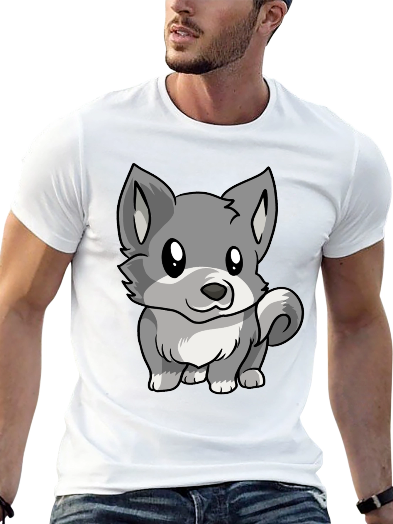 Cute Cartoon Wolf Graphic Black T-Shirt