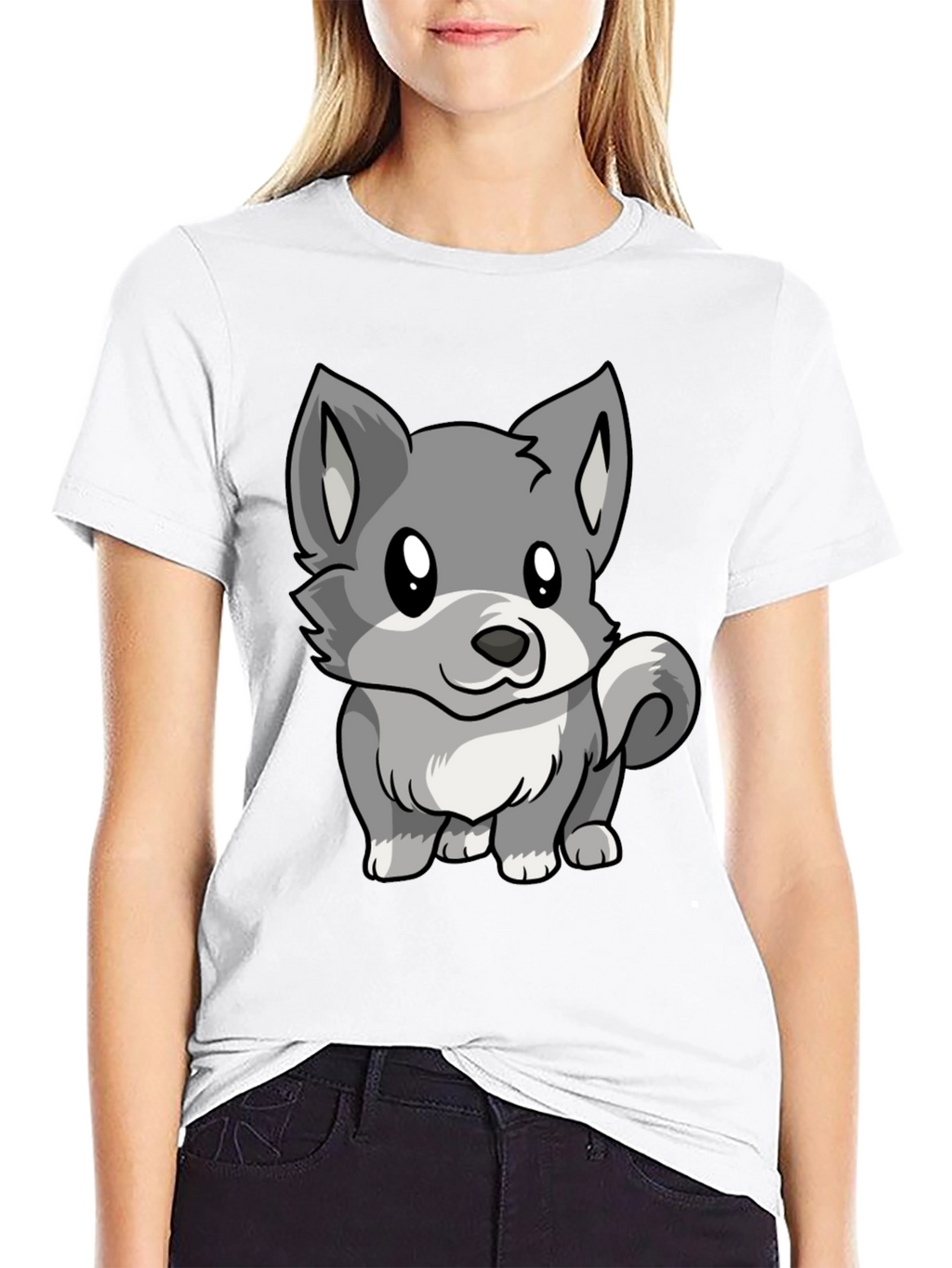 Cute Cartoon Wolf Graphic Black T-Shirt