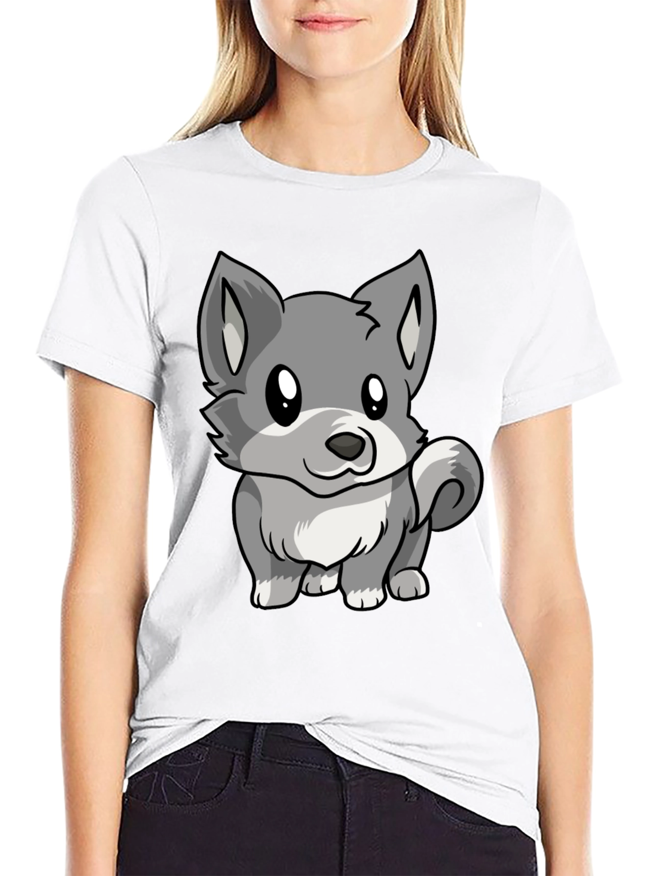 Cute Cartoon Wolf Graphic Black T-Shirt