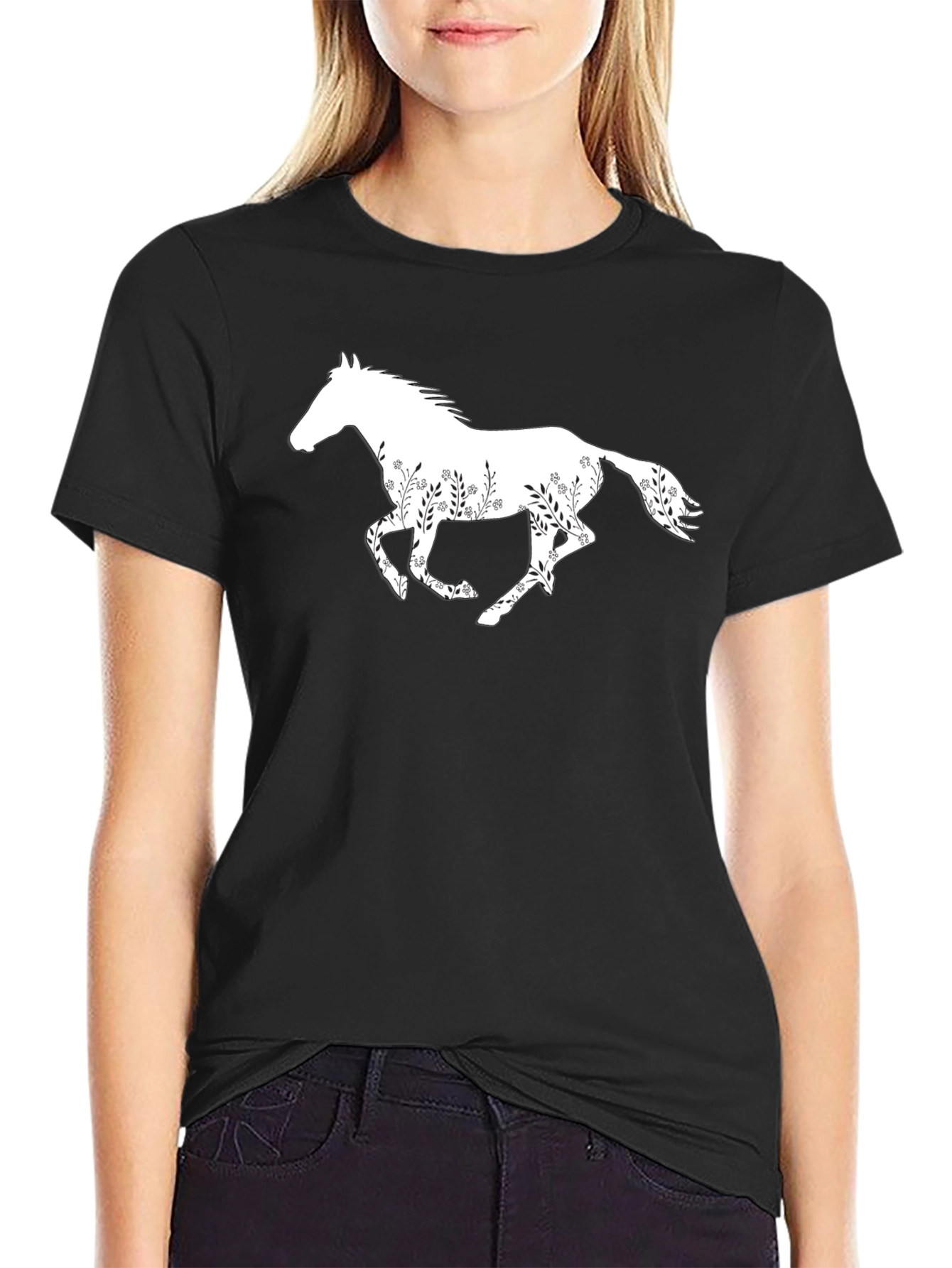 Floral Horse Graphic Tee - Stylish Black T-Shirt