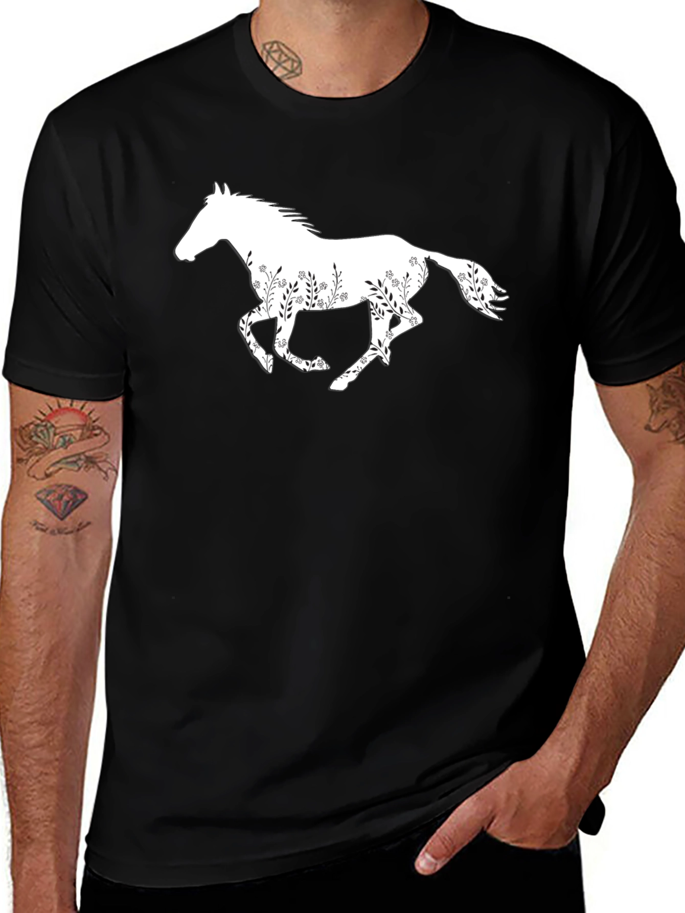 Floral Horse Graphic Tee - Stylish Black T-Shirt