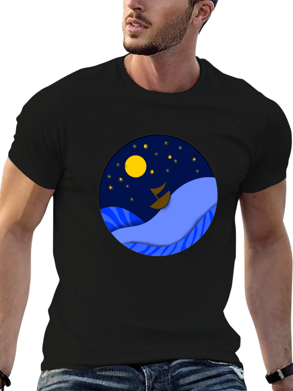 Night Sea Graphic Tee - Stylish Mens Black T-Shirt