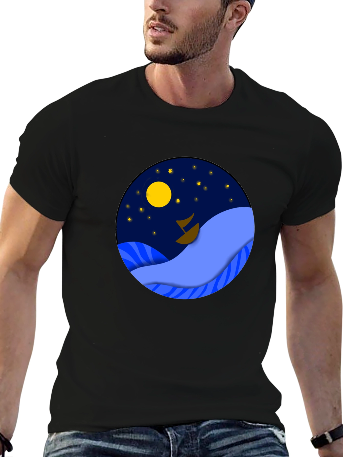 Night Sea Graphic Tee - Stylish Mens Black T-Shirt