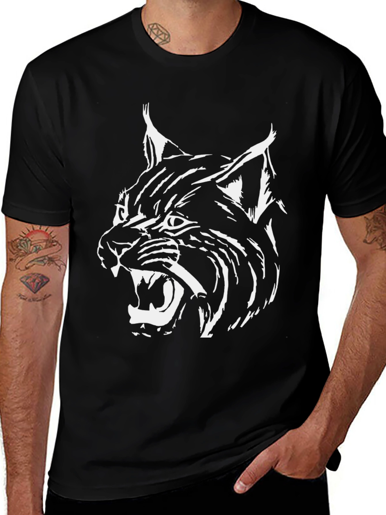 Mens Black T-Shirt with White Lynx Graphic