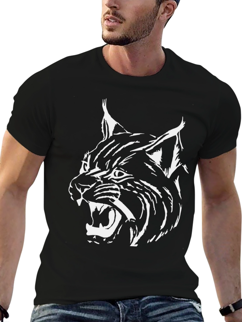 Mens Black T-Shirt with White Lynx Graphic