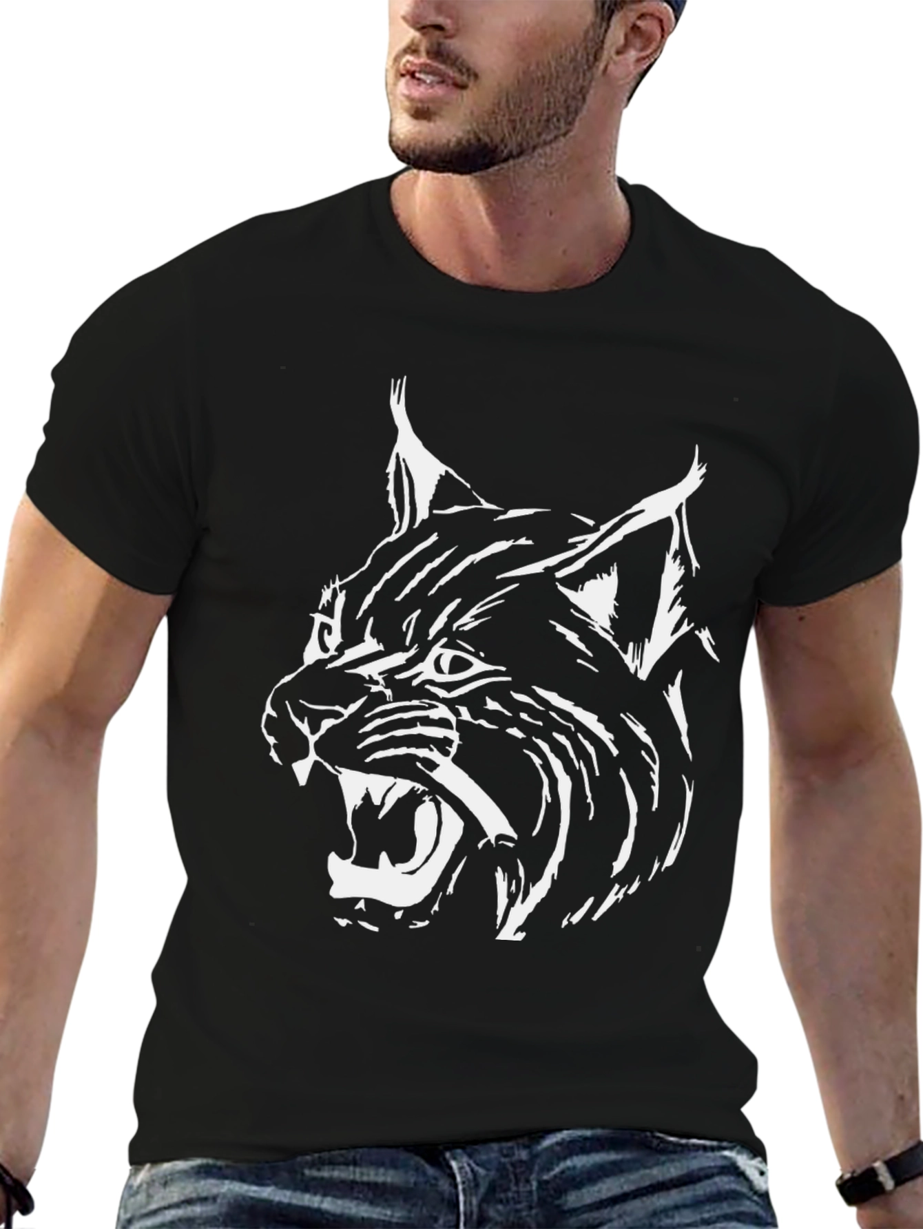 Mens Black T-Shirt with White Lynx Graphic