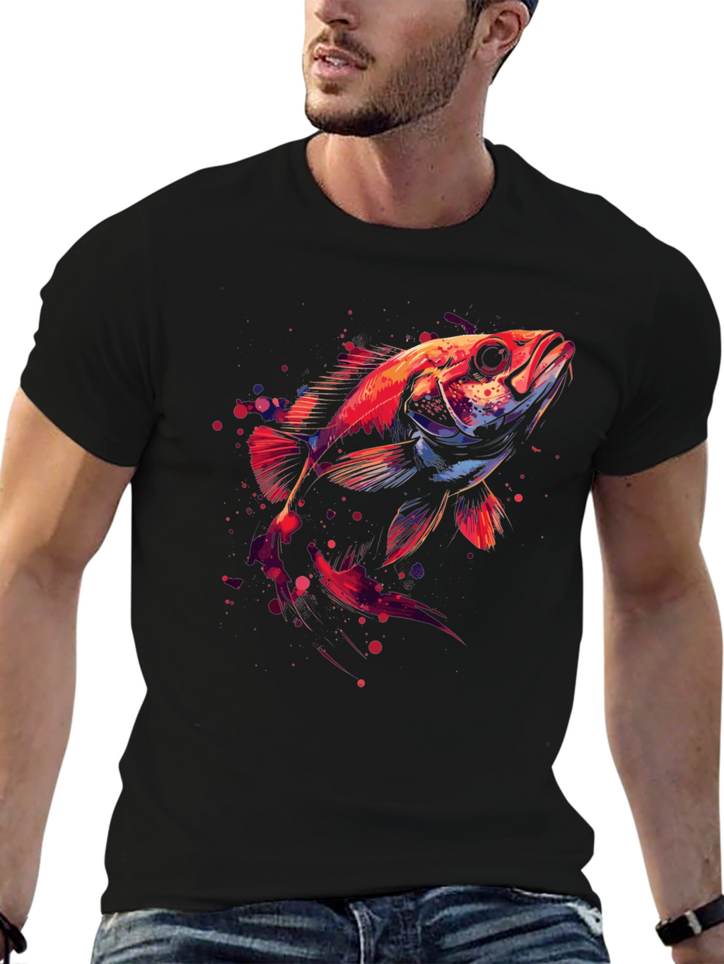 Abstract Fish Graphic Black T-Shirt