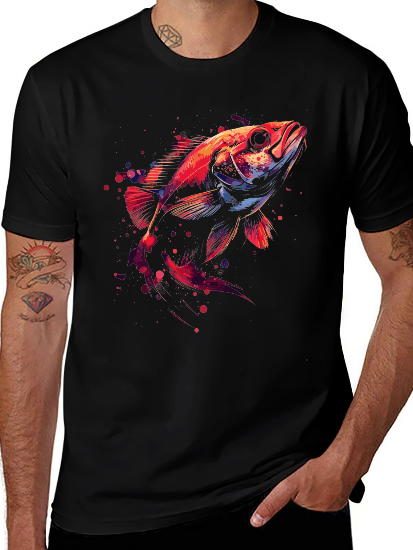Abstract Fish Graphic Black T-Shirt