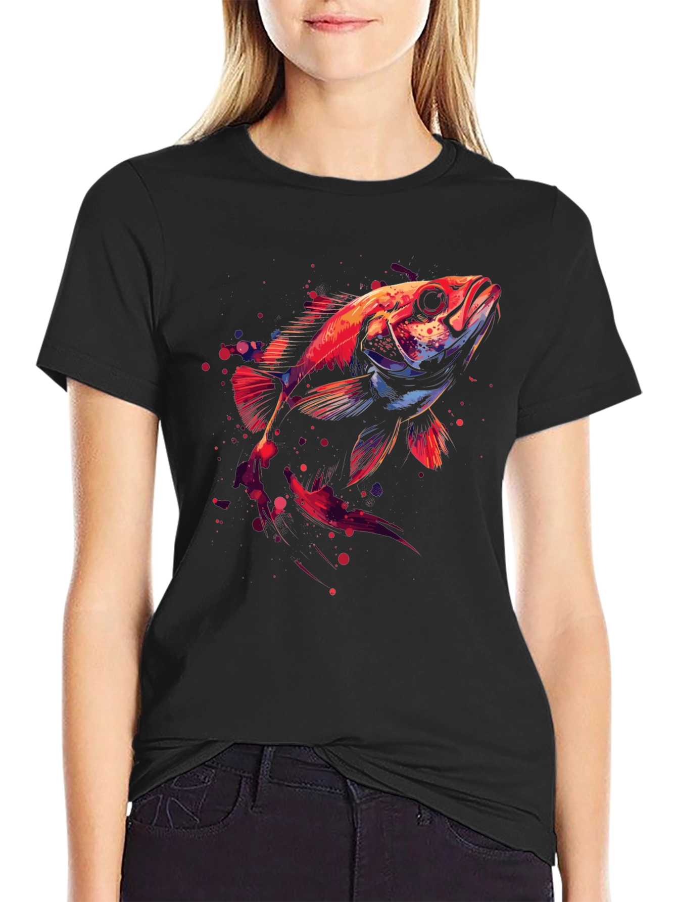 Abstract Fish Graphic Black T-Shirt