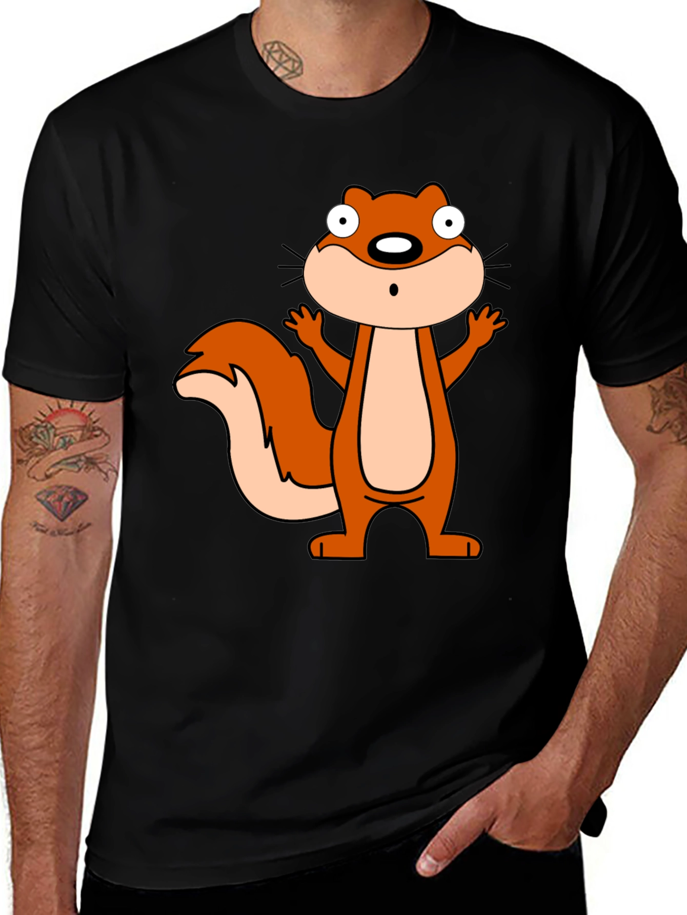Cartoon Squirrel Graphic Black T-Shirt