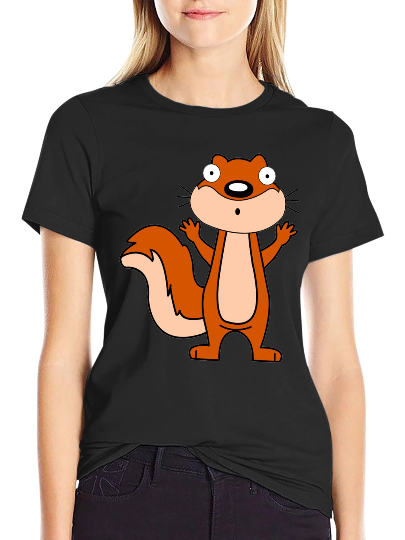 Cartoon Squirrel Graphic Black T-Shirt