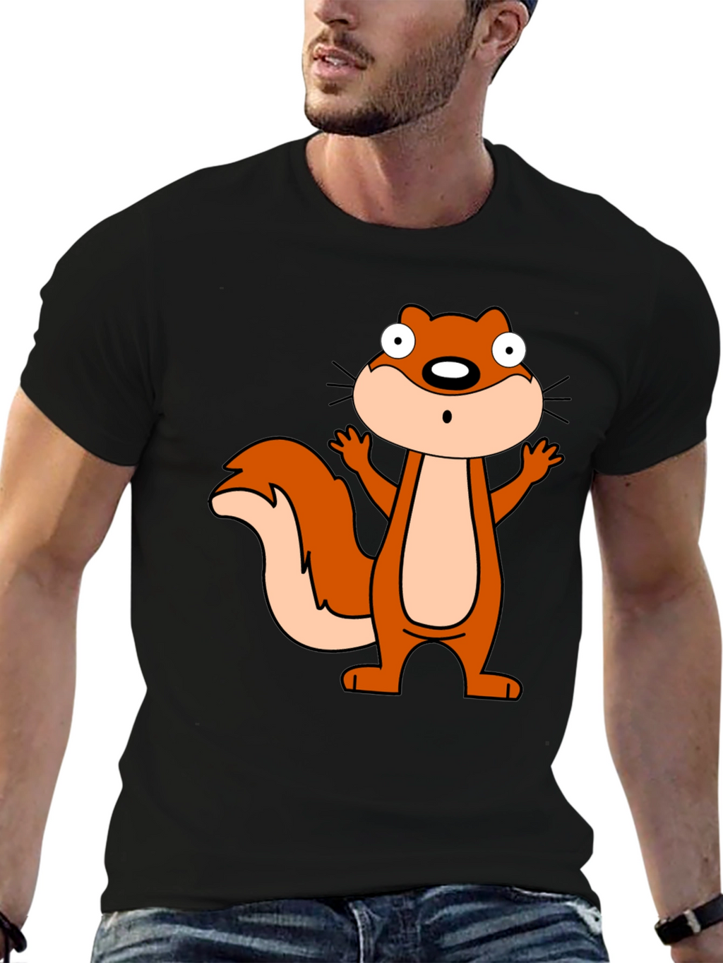 Cartoon Squirrel Graphic Black T-Shirt