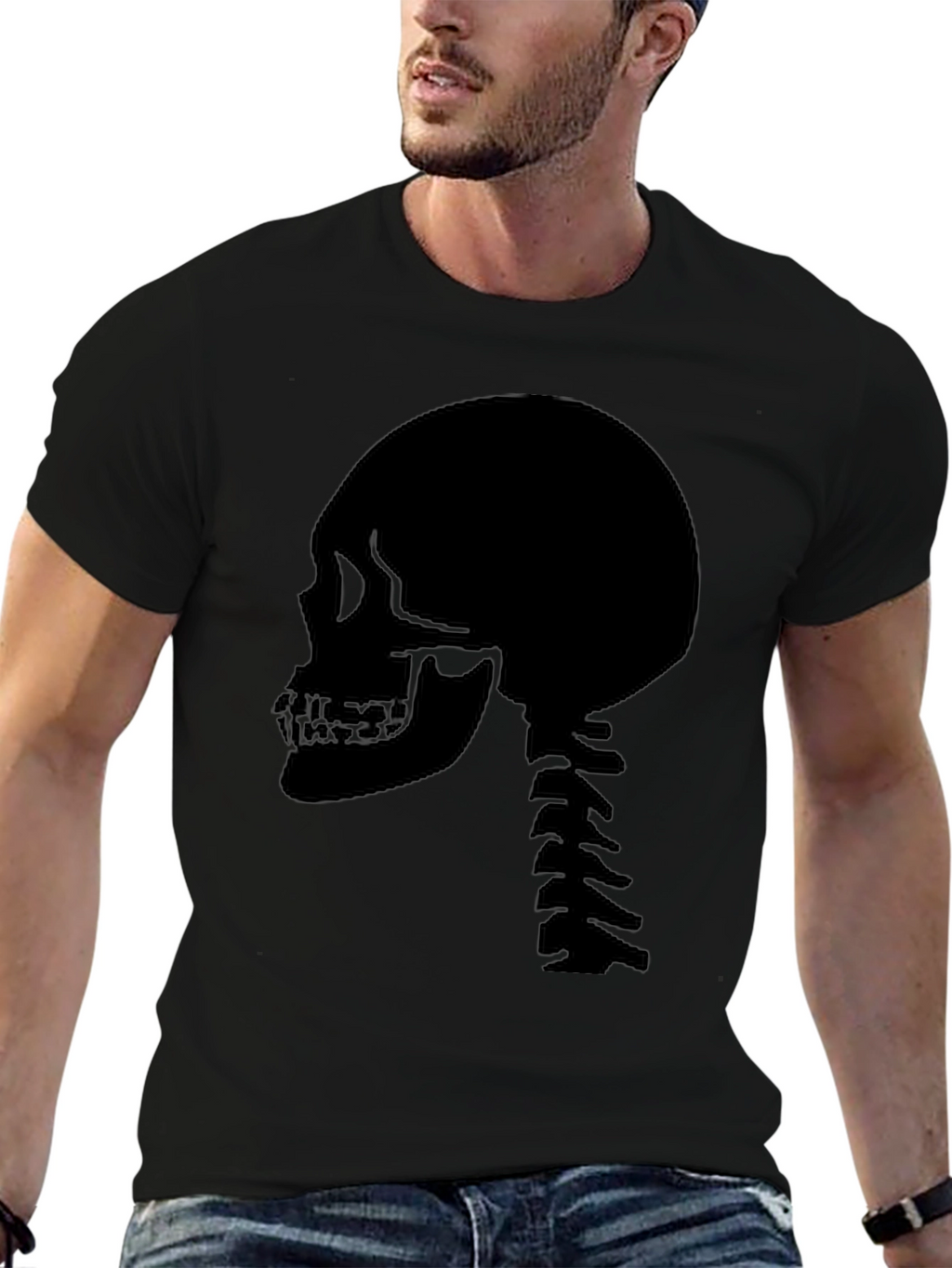 Skull Spine Graphic Tee - Black Cotton Casual