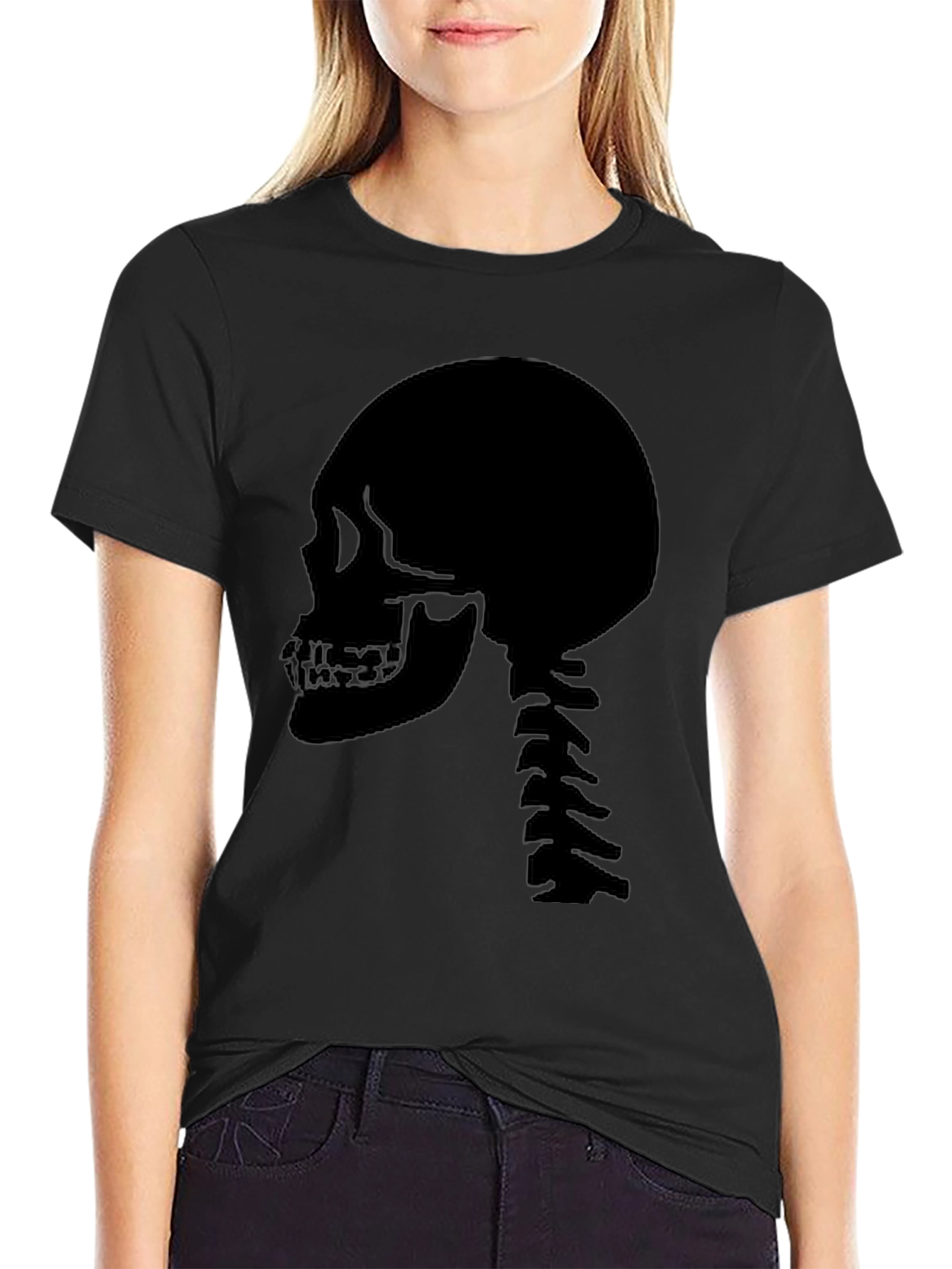 Skull Spine Graphic Tee - Black Cotton Casual