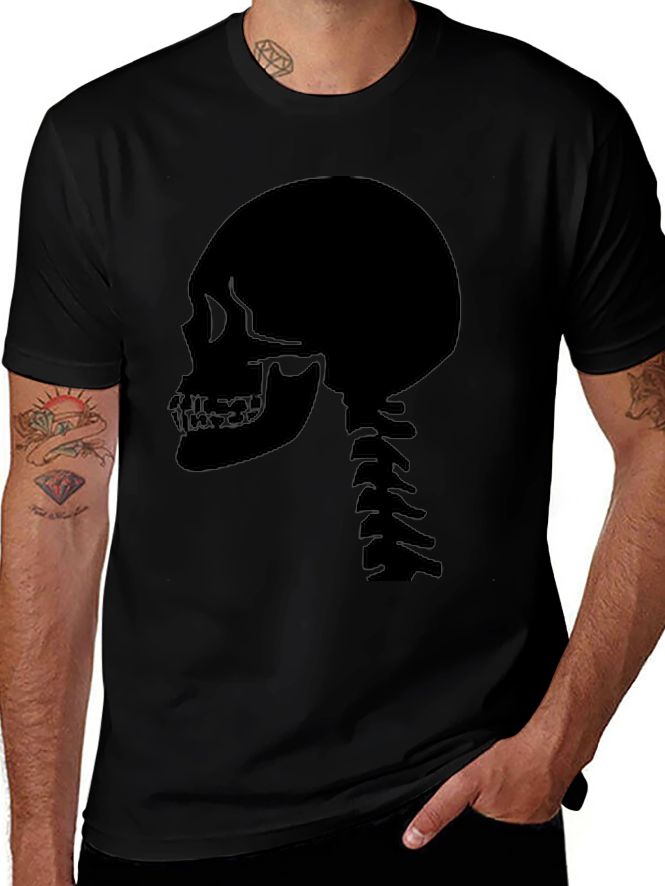 Skull Spine Graphic Tee - Black Cotton Casual