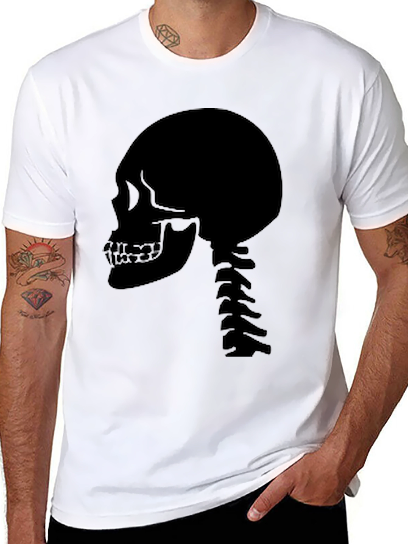 Skull Spine Graphic Tee - Black Cotton Casual